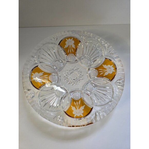 Vintage Bohemian Amber Crystal Glass Serving Bowl Etched Floral - Picture 1 of 6